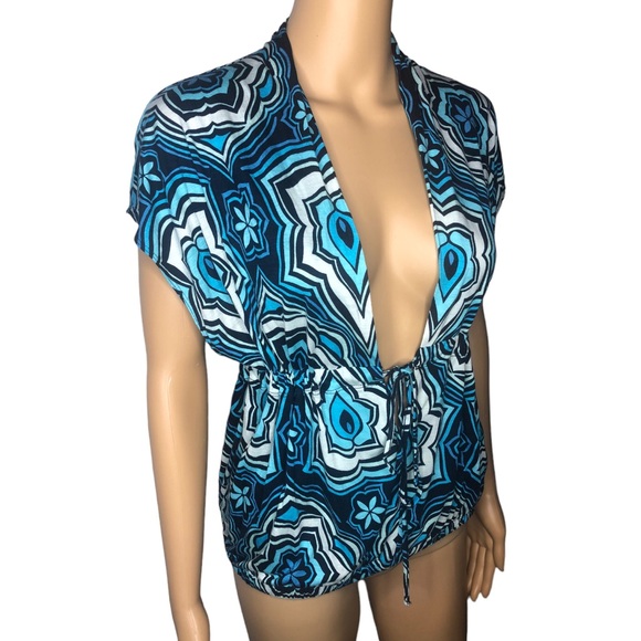 Express Blue Psychedelic Abstract Print Romper Style Tunic Blouse - Picture 12 of 13